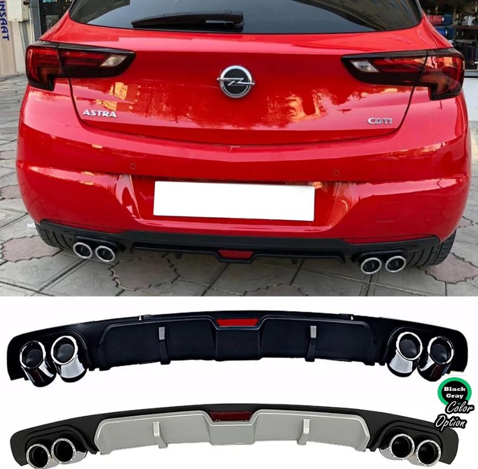 
                  
                    Universal Rear Diffuser for Opel Astra K (2015–2021) with 4 Chrome Exhaust Tips – Black or Gray Finish
                  
                